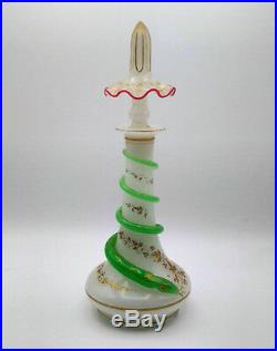Antique Vintage French Opaline Perfume Bottle, White with Green Snake