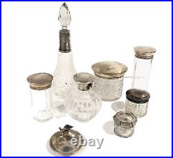 Antique Vintage Lot Hallmarked Silver Glass Scent Bottles Jars Etc