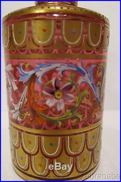 Antique Vintage Moser Perfume Bottle Hand Painted Enamel Flowers Cranberry Red