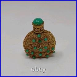 Antique Vintage Perfume Bottle Czech Filigree Green Jeweled Enameled