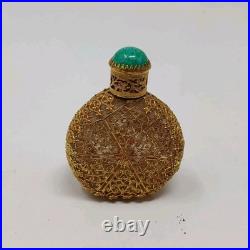 Antique Vintage Perfume Bottle Czech Filigree Green Jeweled Enameled