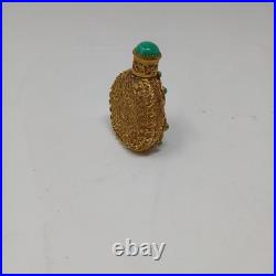 Antique Vintage Perfume Bottle Czech Filigree Green Jeweled Enameled
