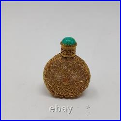 Antique Vintage Perfume Bottle Czech Filigree Green Jeweled Enameled