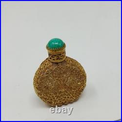 Antique Vintage Perfume Bottle Czech Filigree Green Jeweled Enameled