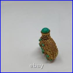 Antique Vintage Perfume Bottle Czech Filigree Green Jeweled Enameled