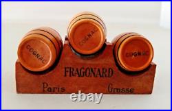 Antique Vintage Perfume Bottle Fragonard Cognac Barrel Set with Rack 1920's RARE