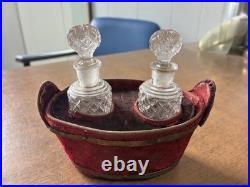 Antique/ Vintage Velvet Basket With2 Hobnail Glass Perfume Bottles WithStoppers