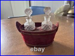 Antique/ Vintage Velvet Basket With2 Hobnail Glass Perfume Bottles WithStoppers
