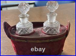 Antique/ Vintage Velvet Basket With2 Hobnail Glass Perfume Bottles WithStoppers