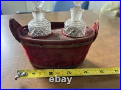 Antique/ Vintage Velvet Basket With2 Hobnail Glass Perfume Bottles WithStoppers