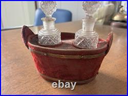 Antique/ Vintage Velvet Basket With2 Hobnail Glass Perfume Bottles WithStoppers