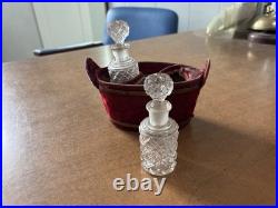 Antique/ Vintage Velvet Basket With2 Hobnail Glass Perfume Bottles WithStoppers