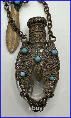 Antique Vintage Victorian Chatelaine Perfume Bottle Butterfly Turquoise