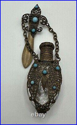 Antique Vintage Victorian Chatelaine Perfume Bottle Butterfly Turquoise