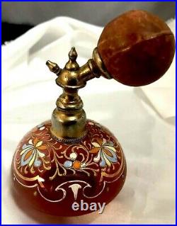 Antique Vividly Enameled Frosted & Clear Cranberry Glass Perfume Atomizer