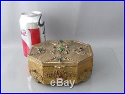 Antique Vtg Czech Silvercraft Gold Gilt Jeweled Filigree Jewelry Box Marked
