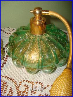 Antique/Vtg MuranoBullicante Aventurine Pair Perfume Bottleewelry JarBEAUTY