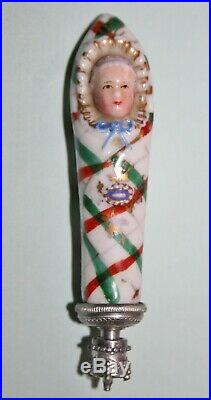 Antique german porcelain swaddling baby as perfume bottle /needle case c1850s