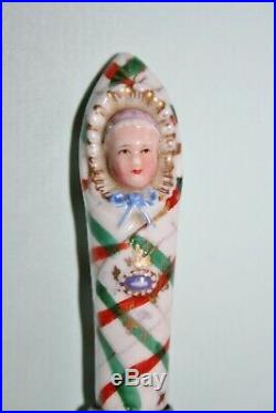 Antique german porcelain swaddling baby as perfume bottle /needle case c1850s