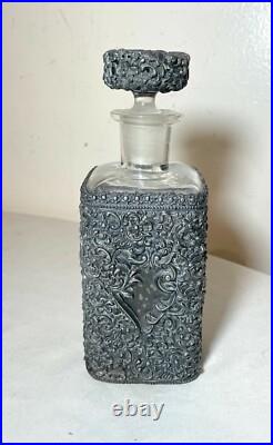 Antique ornate reticulated perfume cologne metal glass silverplate bottle scent