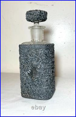 Antique ornate reticulated perfume cologne metal glass silverplate bottle scent