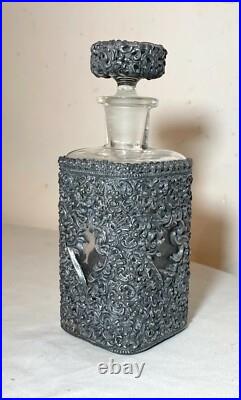 Antique ornate reticulated perfume cologne metal glass silverplate bottle scent