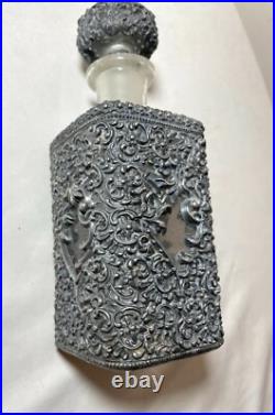 Antique ornate reticulated perfume cologne metal glass silverplate bottle scent