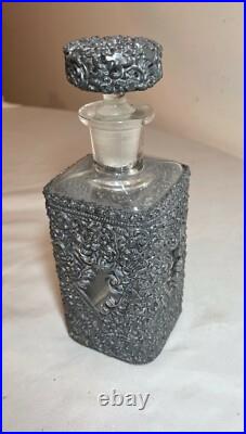 Antique ornate reticulated perfume cologne metal glass silverplate bottle scent
