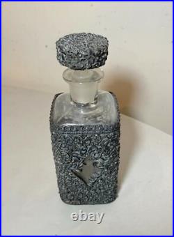 Antique ornate reticulated perfume cologne metal glass silverplate bottle scent