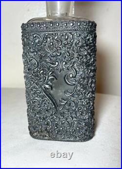 Antique ornate reticulated perfume cologne metal glass silverplate bottle scent