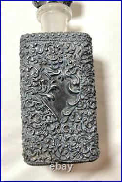 Antique ornate reticulated perfume cologne metal glass silverplate bottle scent