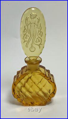 Antique vintage Art Deco engraved nude amber perfume bottle art glass