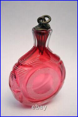Antique vintage WHiTE STRiPE CUT TO CRANBERRY Perfume SNUFF BOTTLE+Brass Stopper