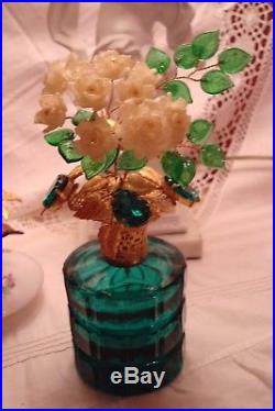 Antique/vtg Irice Rhinestone&flower Perfume Bottlefrench Baseemerald Green