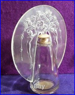 Art Deco DORSAY LALIQUE DESIGN perfume bottle vtg FIGURAL NUDES lucite stopper