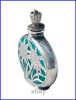Art Deco German Crown Top Perfume Scent Bottle Enamel & Silver Overlay c1930
