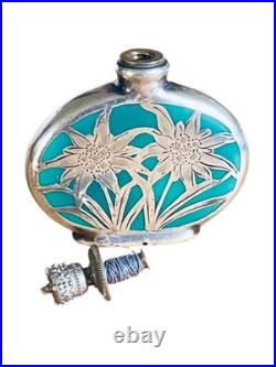 Art Deco German Crown Top Perfume Scent Bottle Enamel & Silver Overlay c1930