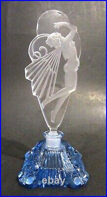 Art Deco Signed Czech Blue Cut Glass Frosted NUDE BUTTERFLY WINGS Perfume Bottle