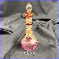 Art Glass Perfume Bottle with Stopper Pink Gold Enamel Floral 6 high Marked 16