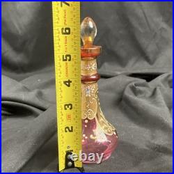 Art Glass Perfume Bottle with Stopper Pink Gold Enamel Floral 6 high Marked 16