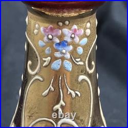 Art Glass Perfume Bottle with Stopper Pink Gold Enamel Floral 6 high Marked 16