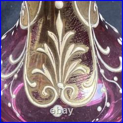 Art Glass Perfume Bottle with Stopper Pink Gold Enamel Floral 6 high Marked 16