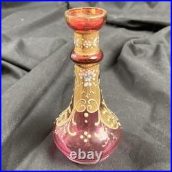 Art Glass Perfume Bottle with Stopper Pink Gold Enamel Floral 6 high Marked 16