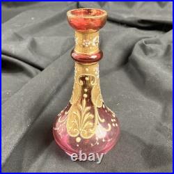 Art Glass Perfume Bottle with Stopper Pink Gold Enamel Floral 6 high Marked 16