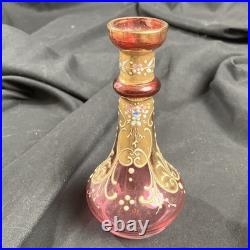 Art Glass Perfume Bottle with Stopper Pink Gold Enamel Floral 6 high Marked 16