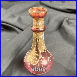 Art Glass Perfume Bottle with Stopper Pink Gold Enamel Floral 6 high Marked 16
