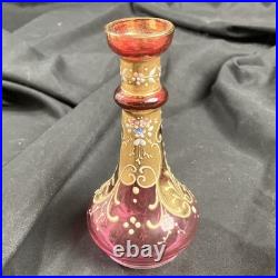 Art Glass Perfume Bottle with Stopper Pink Gold Enamel Floral 6 high Marked 16