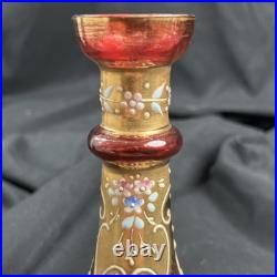 Art Glass Perfume Bottle with Stopper Pink Gold Enamel Floral 6 high Marked 16