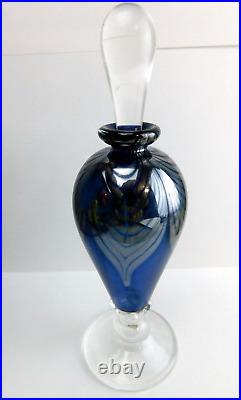 Art Glass Signed Perfume Bottle Clear Blue Silver Draped Pulled Feather Vtg