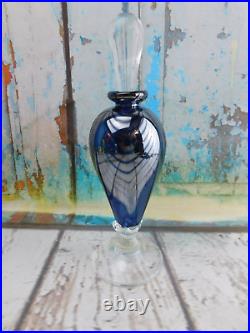 Art Glass Signed Perfume Bottle Clear Blue Silver Draped Pulled Feather Vtg